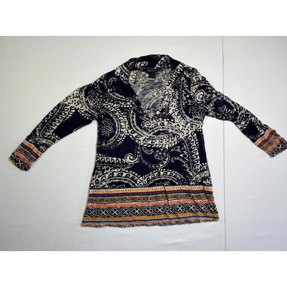 Lucky Brand Womens Navy Blue Paisley Slub Knit V-Neck Long Sleeve Tunic Top M